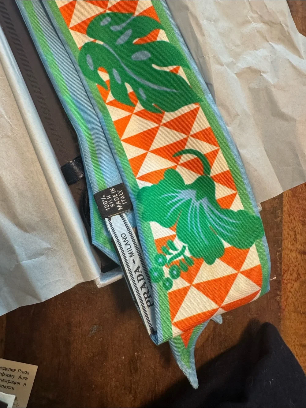 Prada Green & Orange Tropical Silk Skinny Scarf